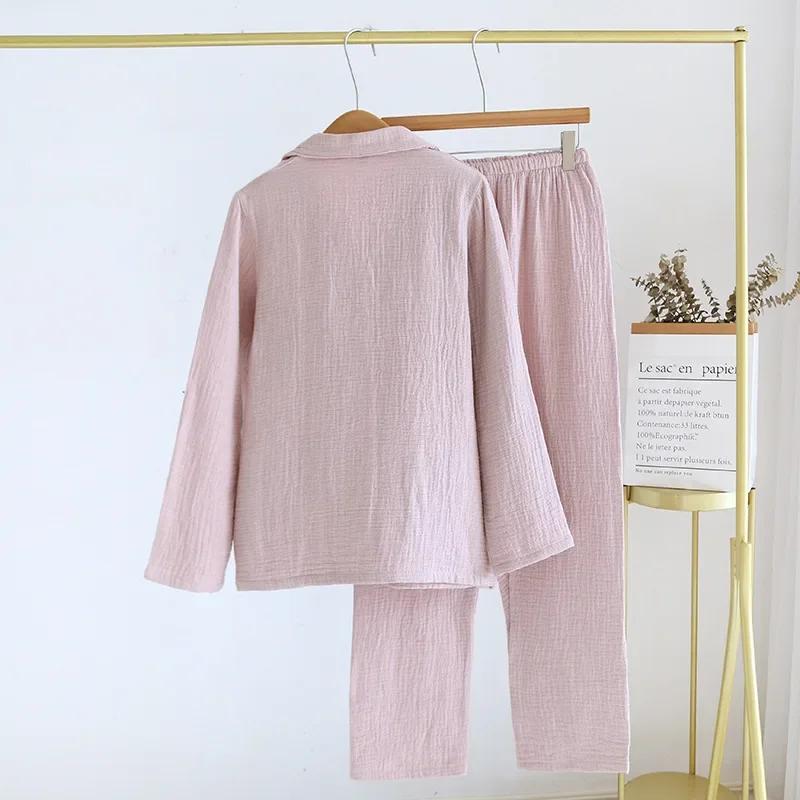 New Couple's Pajama Set 100% Cotton Men's and Women's Collar Long Sleeve Long Pants Solid Color Two Piece Home Set Pijamas
