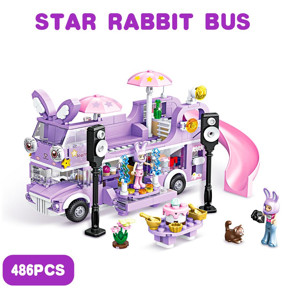 486PCS Girl Friends Double-Storey Star Rabit Bus Building Blocks Toys STEM Bricks Toys Friends Figures Flower Christmas Day Purple Color Toys Girls