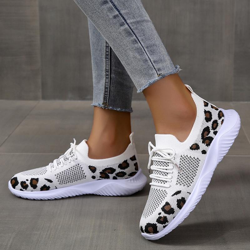 Fashion Women Sneakers for Mesh Breathable Soft Sole Shoes Comfort Lace Up Flat Loafers Fashion Leopard-Print Sport Casual Shoes