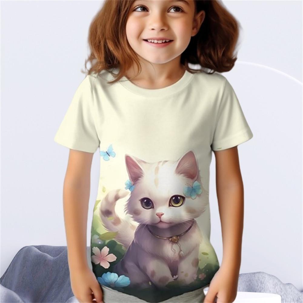 Детская одежда для мальчиков и девочек Футболка с принтом 3D Cat и короткими рукавами, топ с круглым вырезом