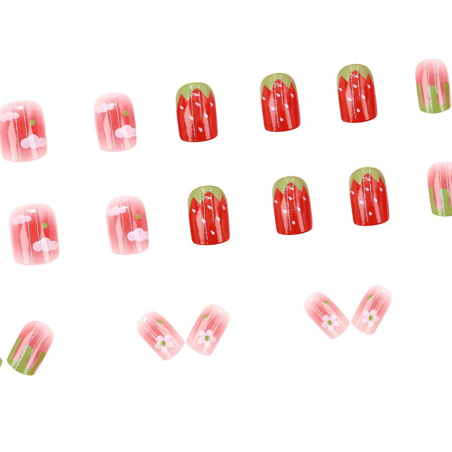 Spring and summer cute cartoon ice permeable dot strawberry Hepburn style small flower short style 24 wearable nail patches