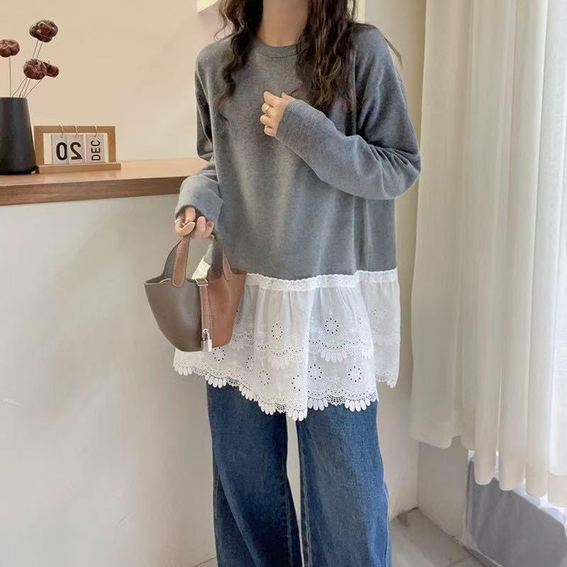 Lunke Back Bag Collar Lace Splicing Bottoming Shirt New Mid-length Large Size Women's T-shirt