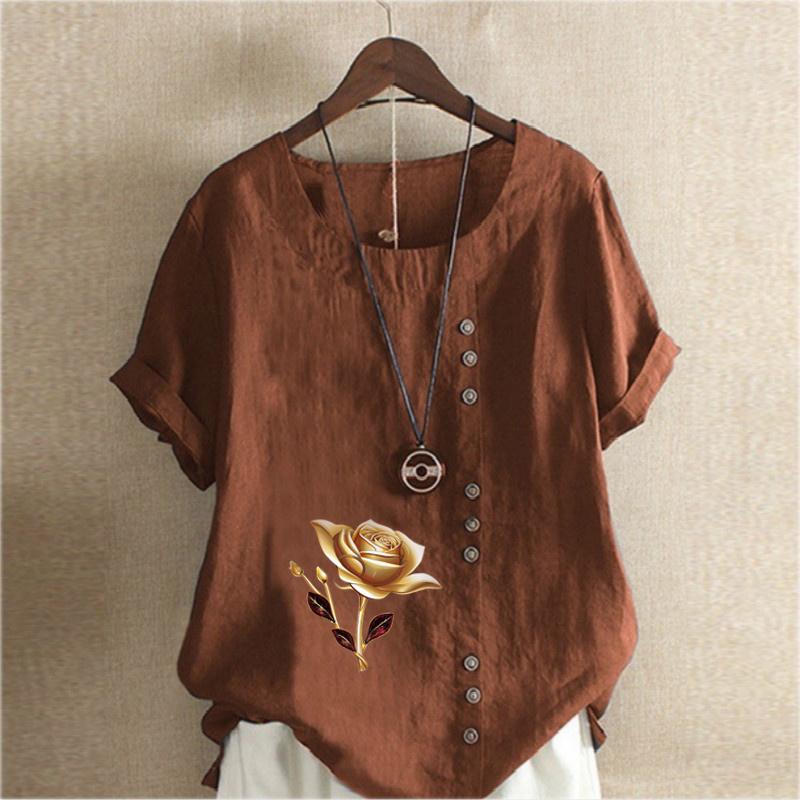 Women's Fashion Round Neck Short Sleeve T-shirt Casual Cotton Linen Graphic Shirt Leisure Loose Flower Prined Summer Blouse Tops