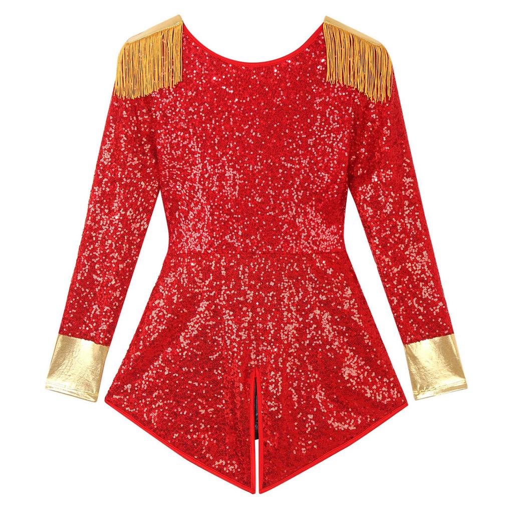 Womens Circus Ringmaster Cosplay Bodysuit Long Sleeve Allover Sequin Tail Jumpsuit Halloween Festival Costumes