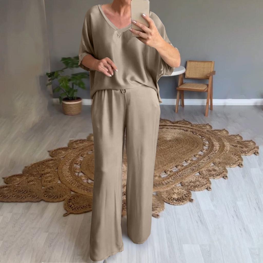 Женский свободный пуловер с v-образным вырезом, повседневный модный костюм с длинными брюками и короткими рукавами