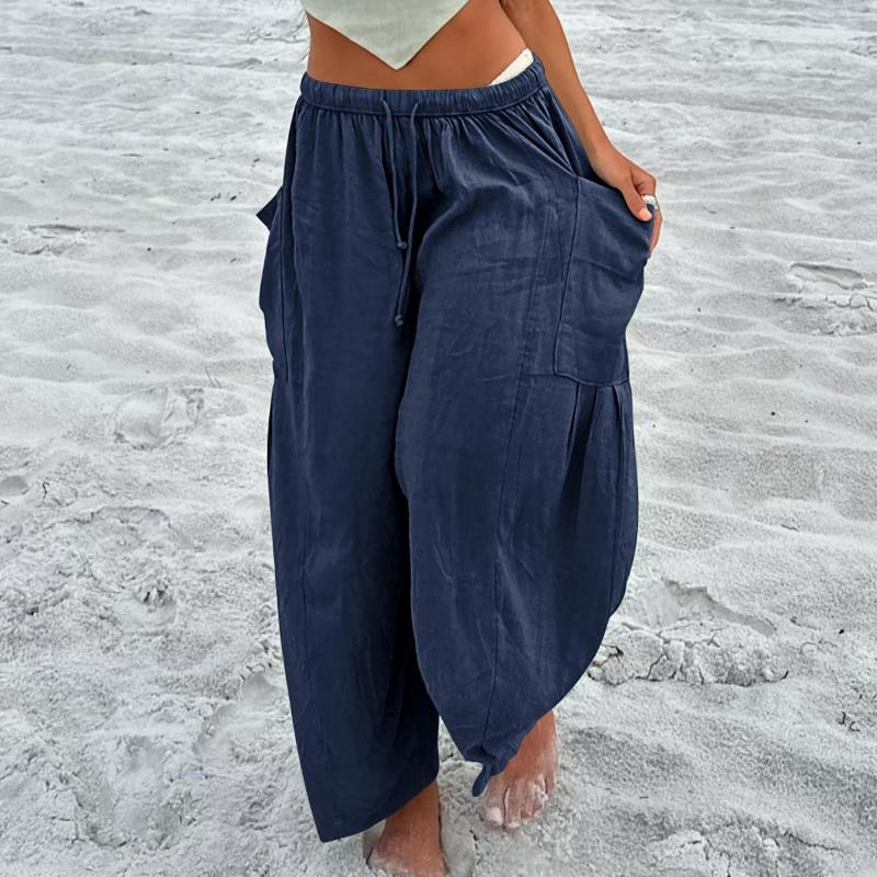 Fashion Lace-up Elastic Waist Pleated Casual Pants Women High Waisted Wide Leg Pants Women Loose Solid Office Lady Trouser 24162