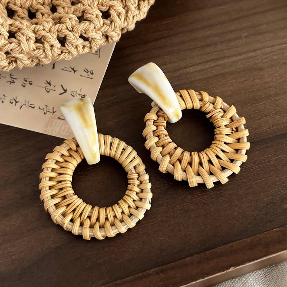 Round Rattan Weave Earrings Flower Beach Jewelry Cute Bohemian Drop Earrings Wedding