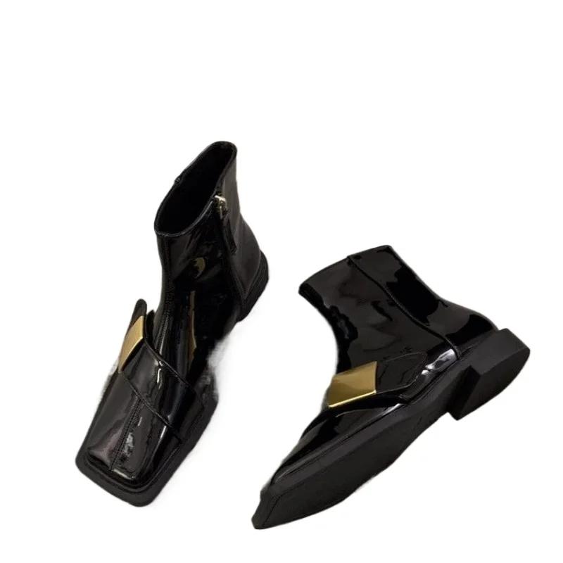 New Lacquer Leather Short Boots Women Four Seasons British Fashion Plush Comfort Boots Outdoor Walking Casual Shoes