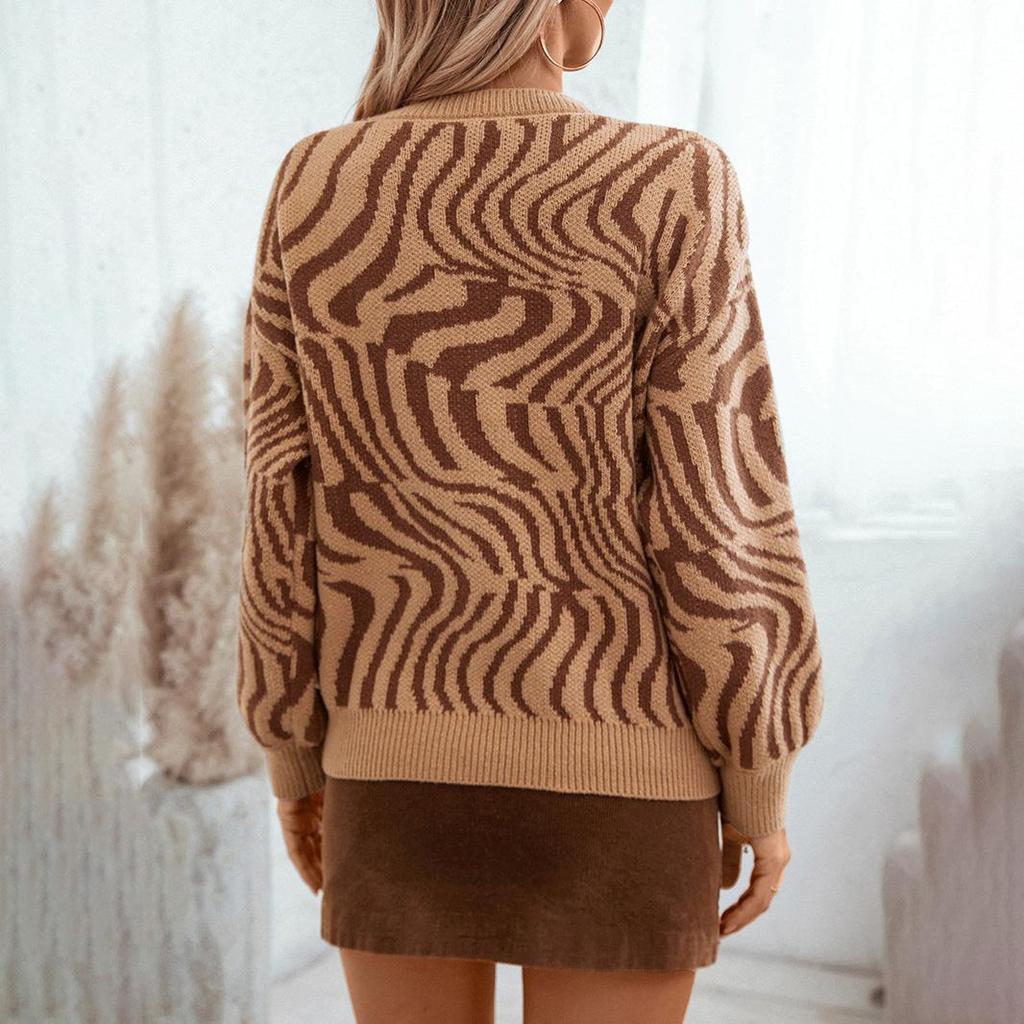 Осень-зима Винтажный свободный топ с длинными рукавами с леопардовым принтом, трикотажный свитер с круглым вырезом