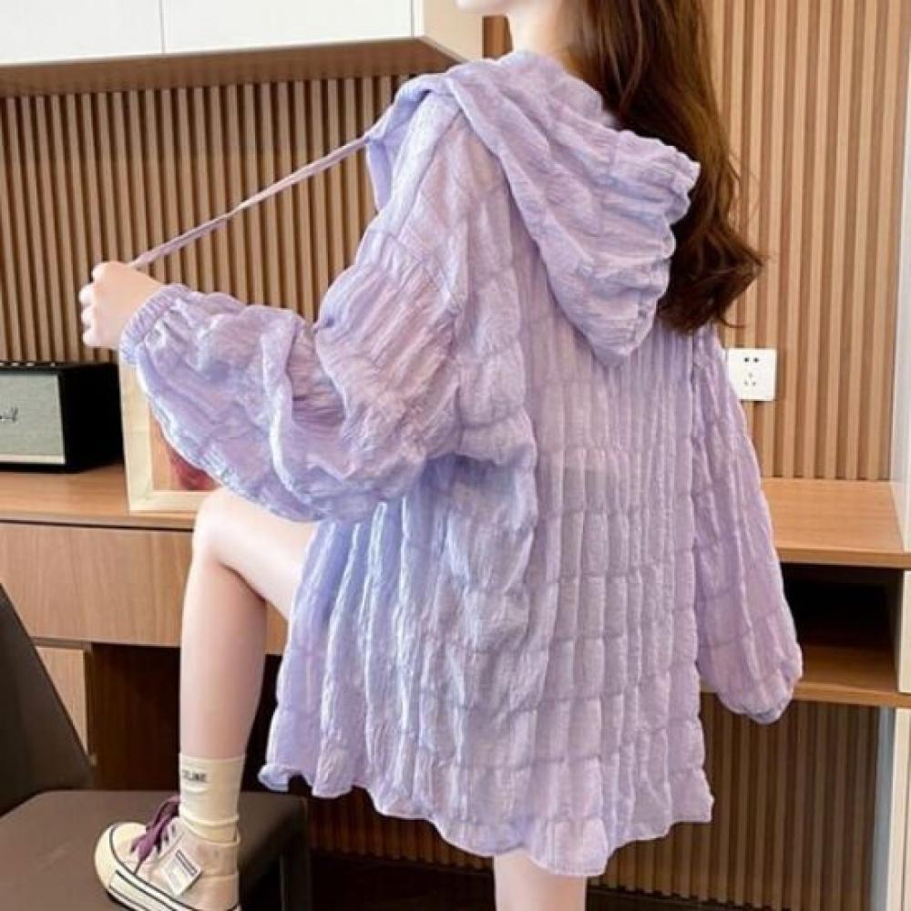 Navava Women Thin Cool Shirring Long Sleeve Hoodie Shirt Nb2833