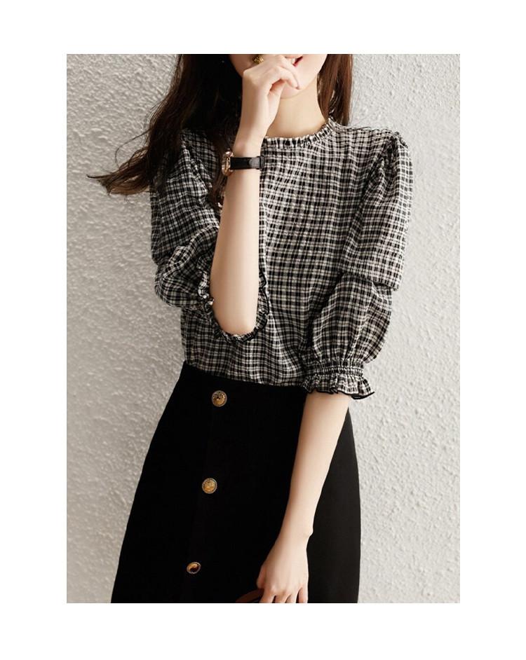 2026 Spring/Summer New Five Sleeve Elegant and Versatile Top Lazy and Versatile Look Thin Checkered Shirt for Women