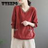 Pure Cotton Double Layer Cotton Yarn Ladies Summer Tops Retro Solid Color V-Neck T-Shirts Loose Long Sleeves Women's Bottoming Shirts