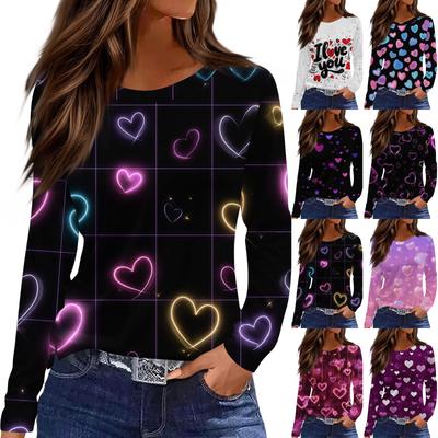 Женский модный топ с длинными рукавами и круглым вырезом, с разрезом по низу и принтом в виде сердец ко Дню святого Валентина