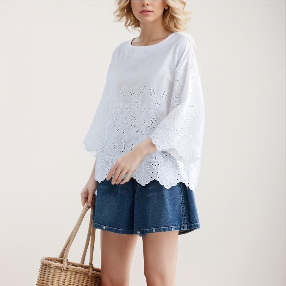 Dimanaf 2024 Большие размеры, летняя кружевная блузка, повседневная рубашка, женская одежда с принтом, белая свободная футболка с короткими рукавами