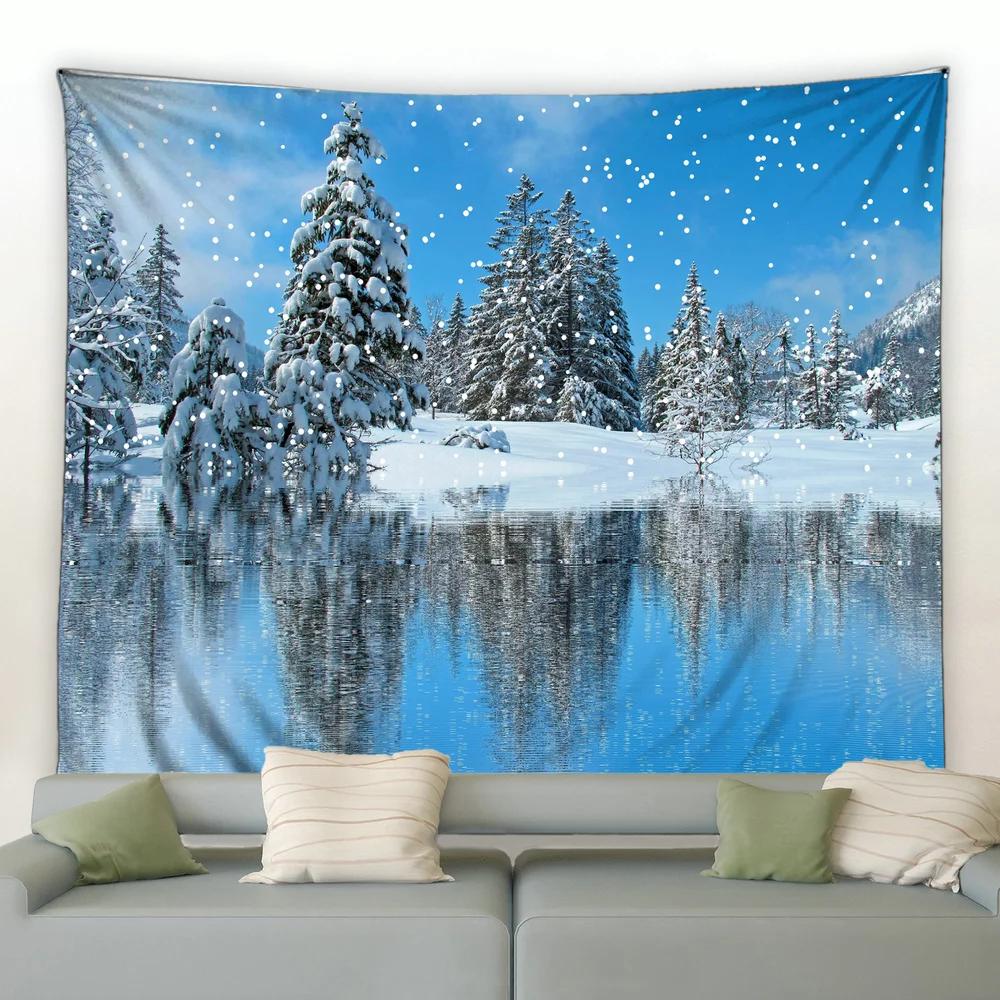 Окно Снаружи Снежинка Лес Гобелен Зимний Пейзаж Гобелены Настенное Панно Домашний Художественный Декор Плед для Спальни Гостиной
