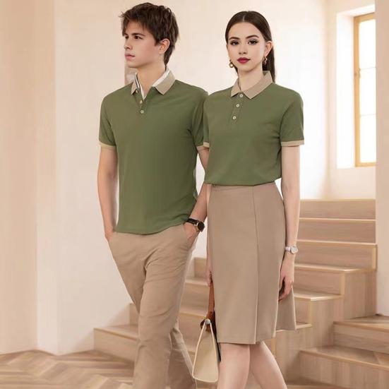 Unisex Waiter Waiteress Uniform Button Lapel Solid Color Short Sleeves Breathable Soft Coffee House Hotel Dinner Food Serving Top