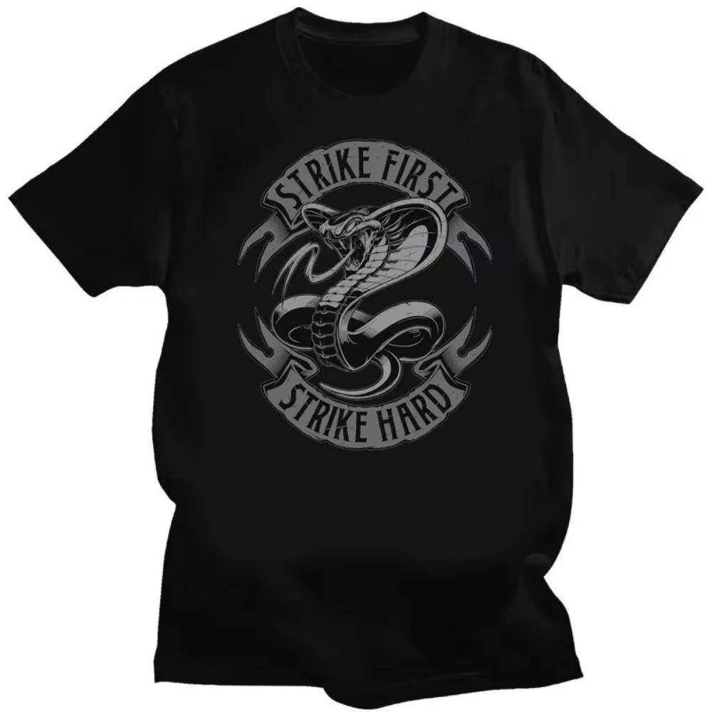 Винтажная футболка Cobra Kai Мужская футболка Уникальная футболка С коротким рукавом Малыш-каратист Ударь первым Ударь сильно Без пощады Топы Ropa Hombre