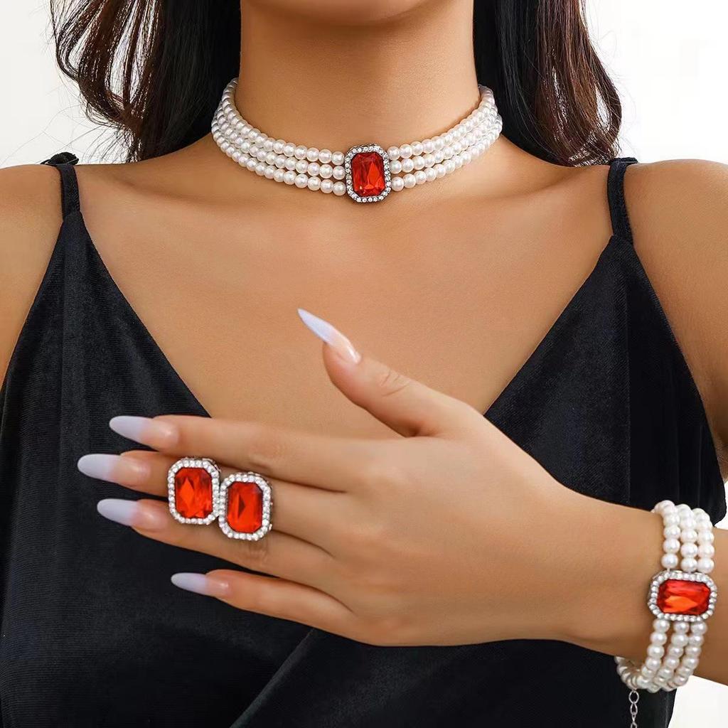 Hepburn Retro Faux Pearl & Gemstone Jewelry Set: Multi-Layer Choker, Bracelet, & Stud Earrings for Women