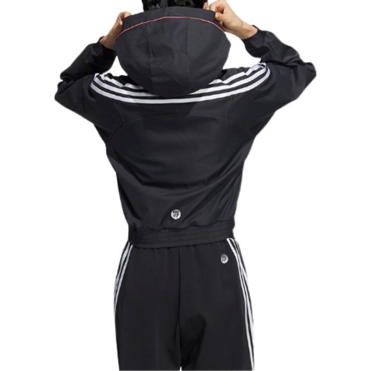 adidas Women'ss Logo Letter Print Three-Stripe Hooded Jacket Black HI6825
