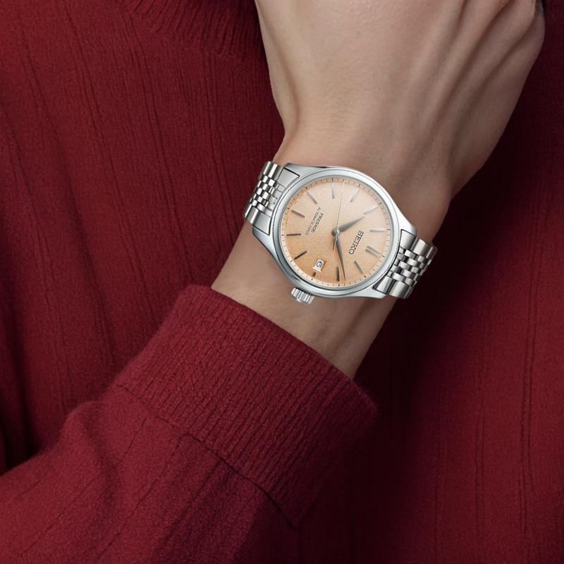 Seiko Водонепроницаемость 100 метров Автоматический/ручной механический механизм Стальной ремешок Мужские часы Оранжевый циферблат SARX125