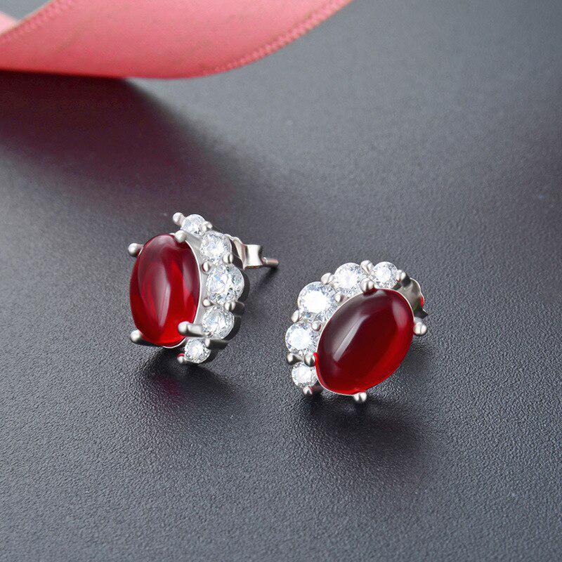 Tancise Fashion 925 Sterling Silver Earrings with Oval Shaped Ruby Zircon S Stud Earrings Jewellery Wedding for Women
