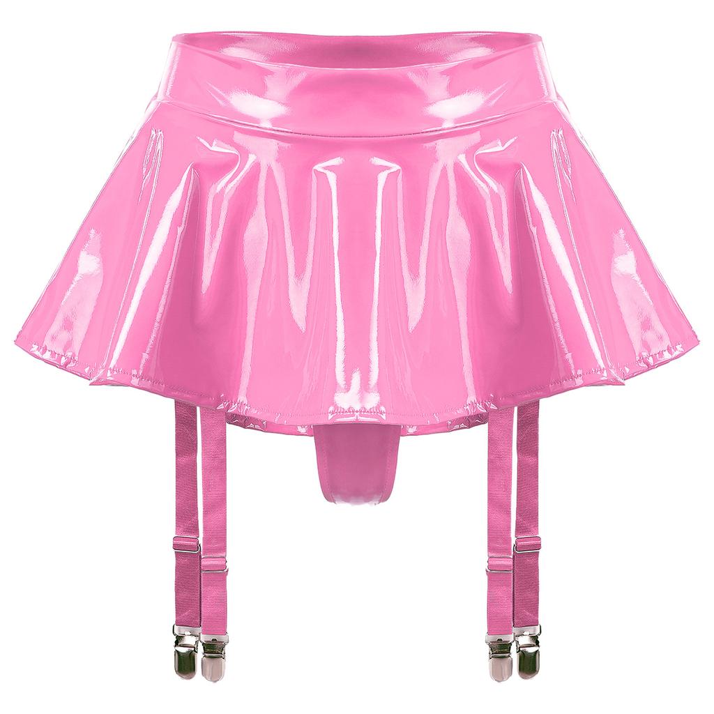 Женская лакированная кожаная юбка с рюшами и мокрым эффектом, встроенные стринги, подвязки, металлические зажимы, мини-юбка, вечерняя клубная одежда