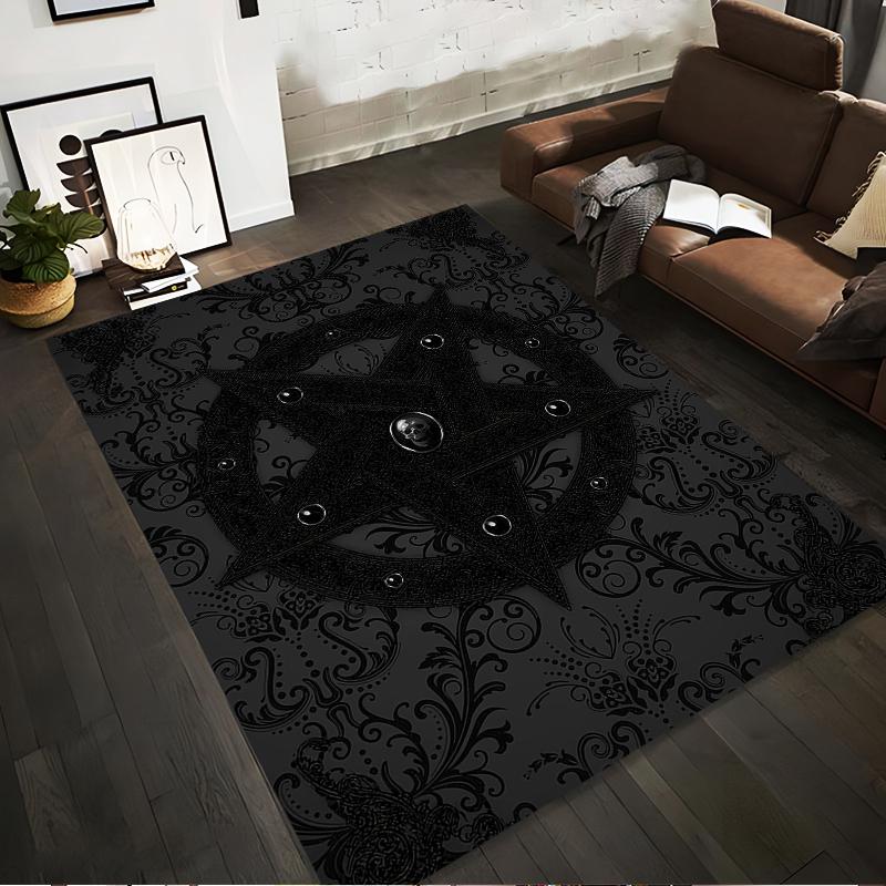 Black Carpet with Pentagram and Gothic Floral Design Pattern Suitable for use as an anti-slip for living room bedroom sofas