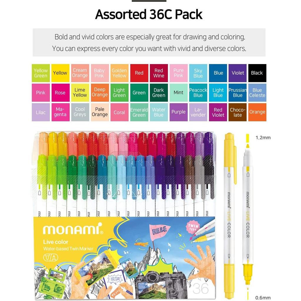 Monami Live Color Pen Set Двойной маркер на водной основе, маркер с двойным наконечником Fine & Bullet для раскрашивания, рисования