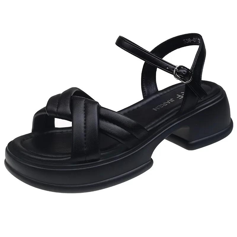 Fashion Summer 2024 New Women's Fashion Platform Cross-toe Sandals Comfortable Casual Shoes Luxury Sandals Heels Woman Round Head Beach