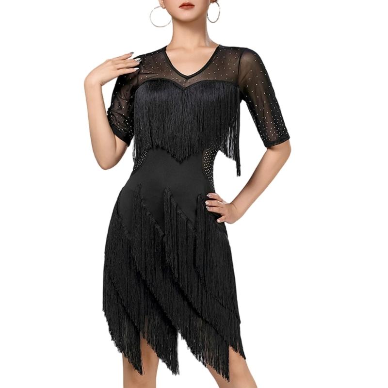 Stage Ready Latin Dance Costume Lightweight Breathable Fabric Sparkling Sequins Flattering Fringe Design