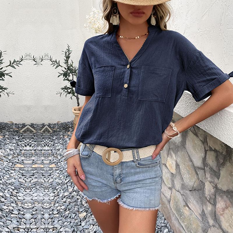 YYFS Женские модные повседневные однотонные блузки и рубашки с v-образным вырезом и короткими рукавами с принтом