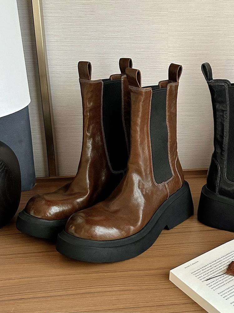 Вымытая коровья кожа ~ Натуральная кожа Толстая подошва Плиссированные полусапожки в стиле ретро Короткие женские ботинки средней длины Ботинки челси Дымчатые ботинки Ботинки Martin