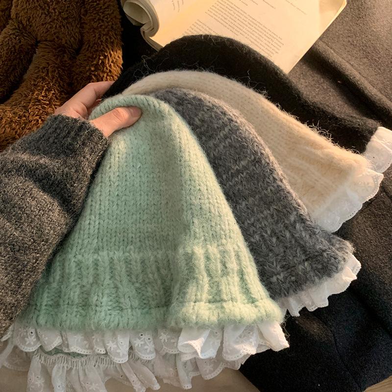 Lace lace knitted bucket hat women's season sweet versatile wool hat warm face small hat tide