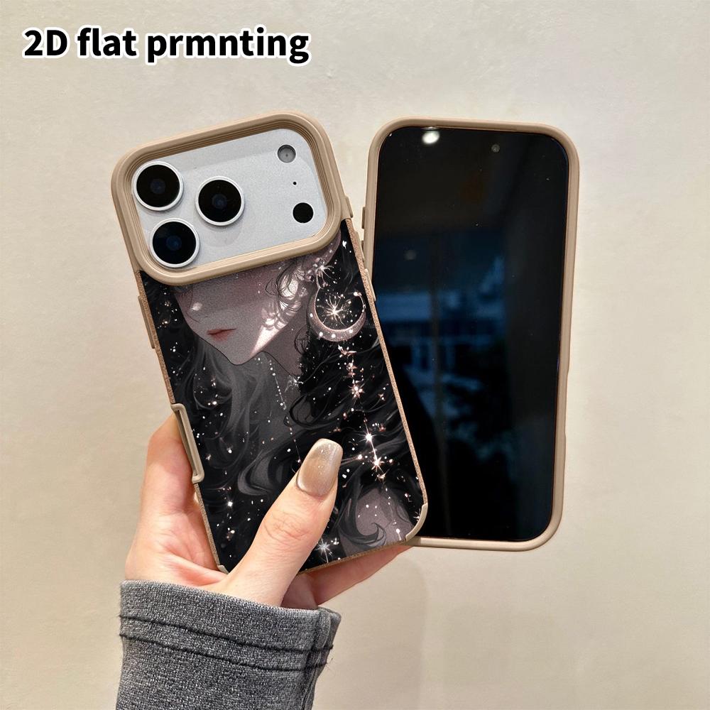 Phone Case: 2D flat lambskin suitable for iPhone 18, 17, 16, 15, 14, 13 Pro film protection case,star and moon girl, Christmas and Halloween gift