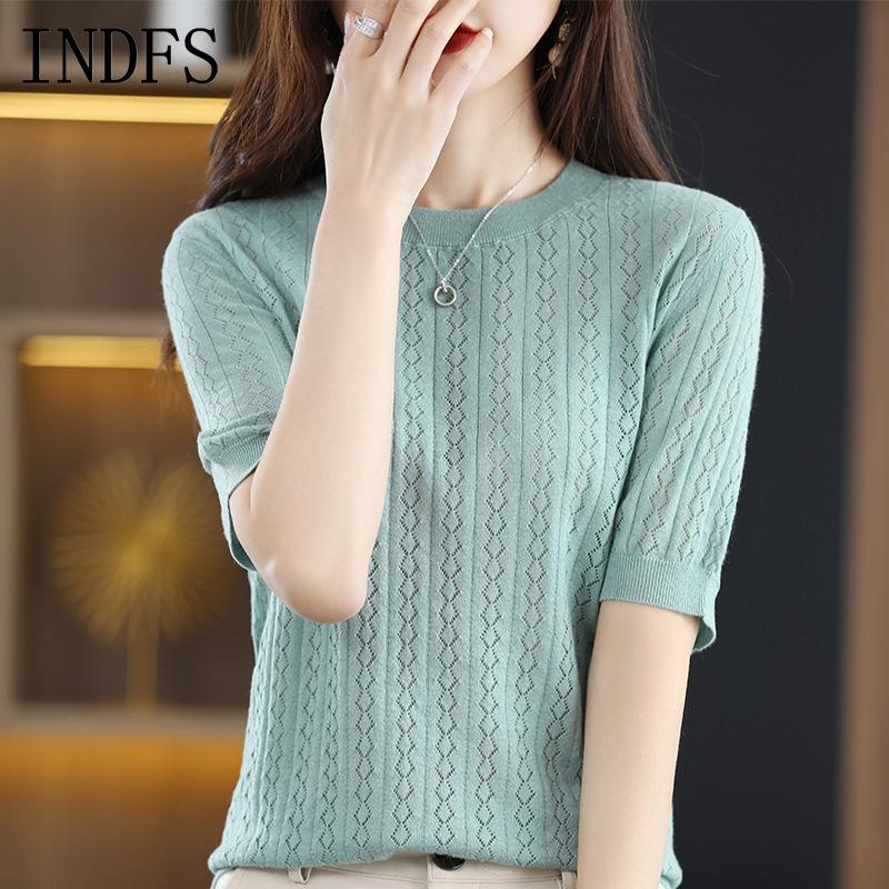 INDFS Women's Fashion Casual Fall Winter Solid Color Print Short Sleeve O-Neck Sweaters