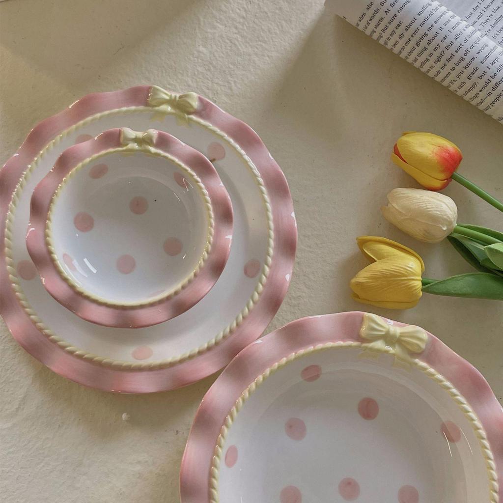 Корейский милый набор керамической тарелки и пиалы с кружевом и бантом для десертов и тортов