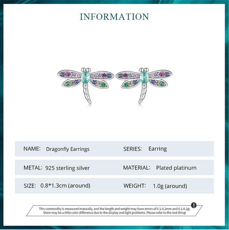 WOSTU 925 Sterling Silver Dragonfly Stud Earrings Insect Earrings for Women Colorful Zircon Fine Jewelry