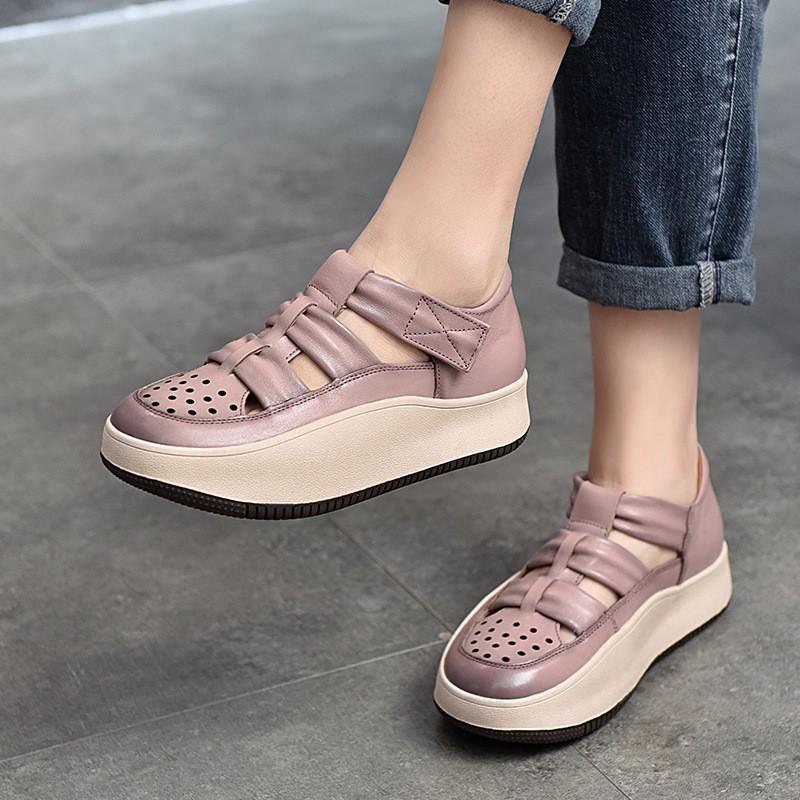 Johnature Женские сандалии из натуральной кожи в стиле ретро на толстой подошве, удобные дышащие туфли ручной работы на плоской подошве с круглым носком