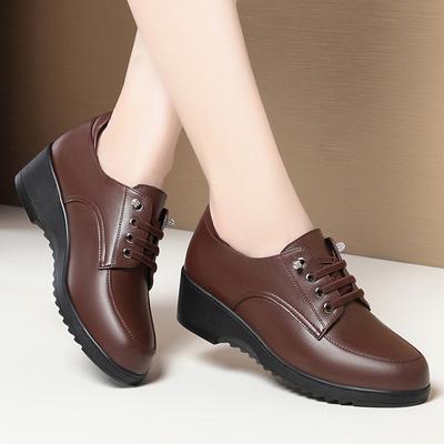 Классические мягкие кожаные женские туфли на шнуровке с круглым носком, повседневные удобные туфли на танкетке, весна-осень, модная обувь для мам
