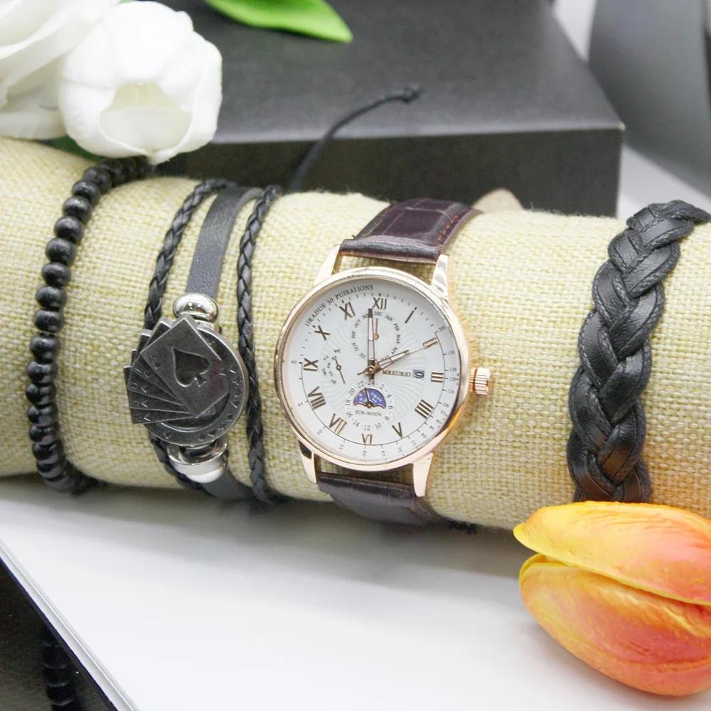 Набор из 5 предметов роскошные мужские часы бизнес кварцевые часы календарь дата кожаные спортивные наручные часы включают браслет коробка для использования на открытом воздухе