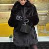 Женская мода черный искусственный мех скрытой груди пальто винтажный воротник лацкан длинный рукав женский шикарный леди пальто