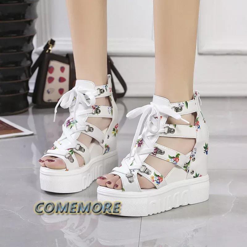 Модная обувь для женщин 2024 года, новые римские сандалии, женские, на высоком каблуке, со шнуровкой, на танкетке, с застежкой-молнией сзади, дышащая обувь