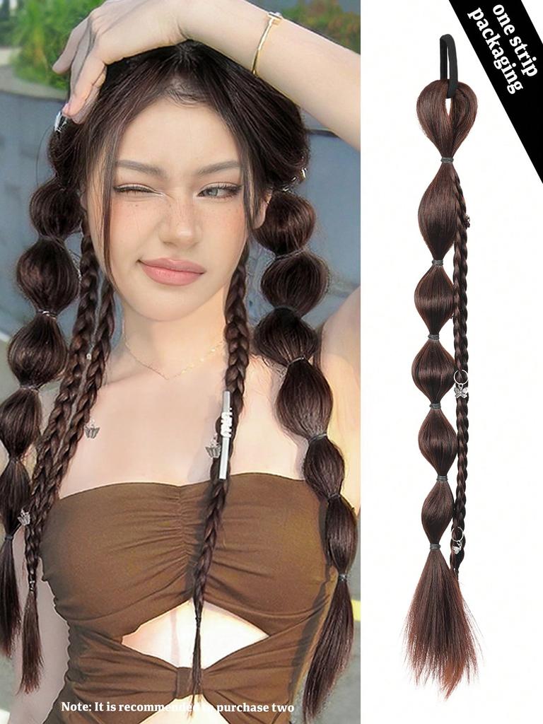 Synthetic Long Straight Hair Natural Bubble Braid Plait Ponytail Wig With Rubber Band Natural Fashion