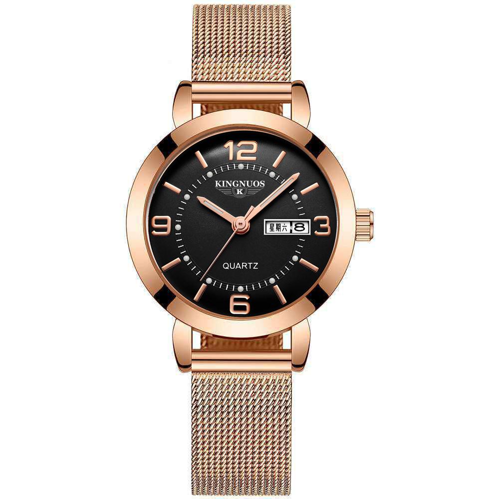 KINGNUOS кварцевые часы немеханические женские часы светящиеся водонепроницаемые двойной календарь женские наручные часы со стальным ремешком