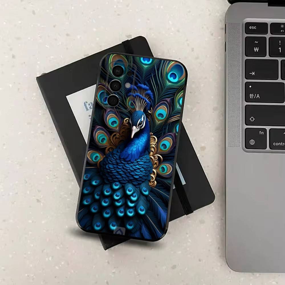 Peacock Feathers Phone For Samsung Galaxy A53,31,52,72,41,22,73,32,71,Note,J7,8,9,5G Soft Black Silicone Case