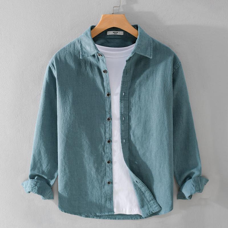 Long Sleeve Cotton Linen Man Shirts Summer Tops Classical Turn-down Collar Green Button Shirt Daily Men's Casual Shirt Beach Breathable Shirt