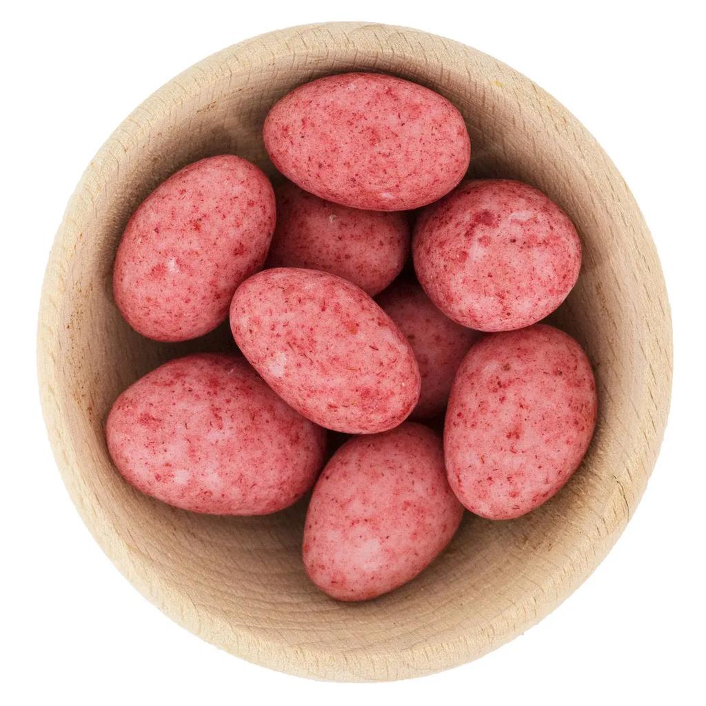 Almonds in Belgian white chocolate with freeze-dried raspberries 100g