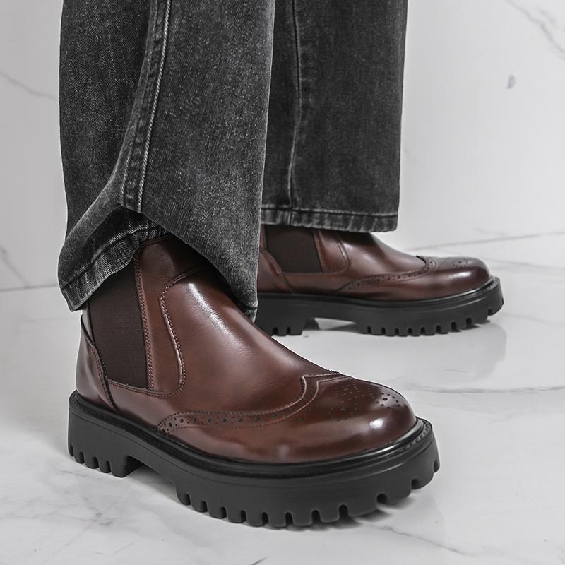 Men’s Chelsea Thick Sole Platform Punk Black Leather Boots Brown Brogue Shoes Round Head Motorcycle Boots High Boots Plus Size