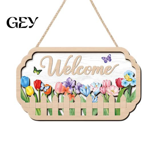 Wooden Hanging Sign Welcome Door for Front Door, Waterproof Sign, Colorful Spring Decor Hanger Decoration Home Farmhouse Garden Yard Porch