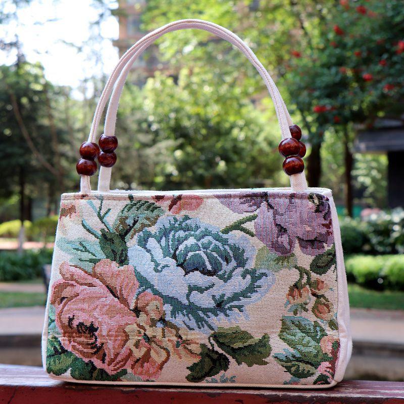 WTEMPO Women's Casual Ethnic Style Embroidered Handbags Colorful Canvas Bag Middle-aged Women's Casual Handbags